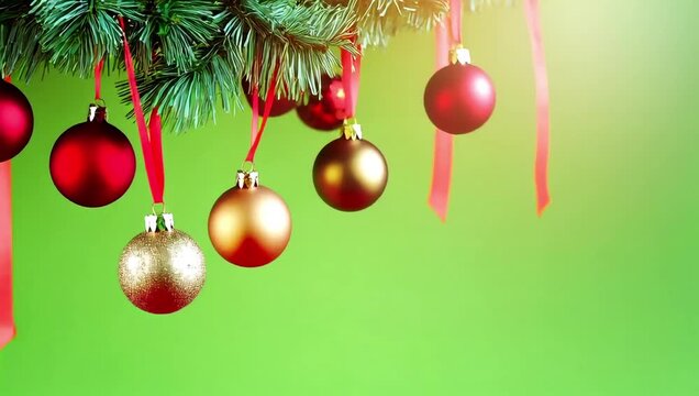 Vibrant Christmas ornaments hanging from tree branch on green background