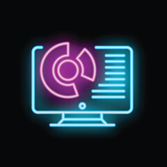 Neon computer icon with a pie chart and data table representing market analysis and financial data
