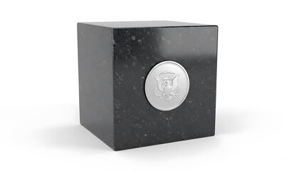 black stone cube with silver seal emblem for luxury branding and minimalist product presentation