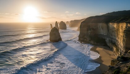 Twelve Apostles coastline at sunset with dramatic limestone cliffs and ocean waves for travel marketing, tourism advertising, and nature backgrounds