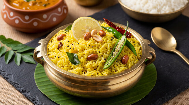 Vibrant South Indian Lemon Rice with Spices and Peanuts