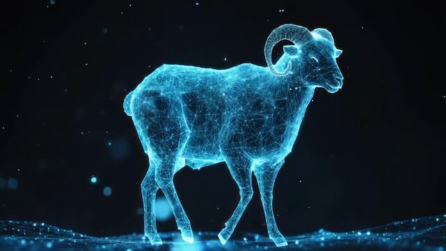A digital rendering of a ram constructed from glowing blue lines against a dark background