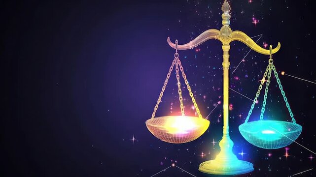 Illustration of a glowing balance scale in a cosmic setting with star-like lights