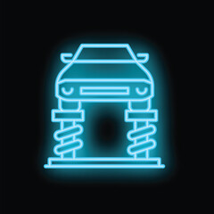 Neon blue glowing symbol of a car service with a vehicle positioned off the ground, potentially for repairs