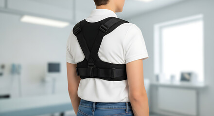 Young adult wearing a corrective back brace for spinal support and improved posture in a clinical setting