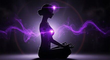 Meditating woman with purple aura and glowing energy points in silhouette profile