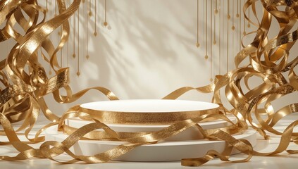 Golden ribbons around white podium