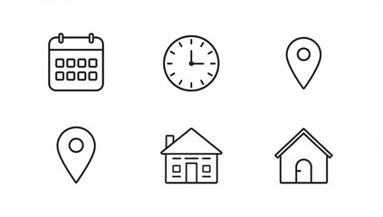 Time, date and address icon set. Calendar, clock, location and map