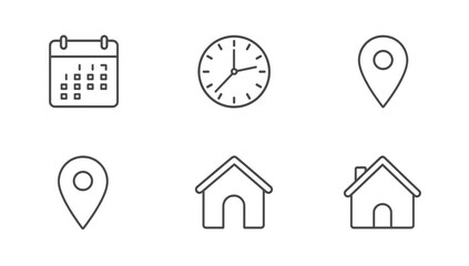 Time, date and address icon set. Calendar, clock, location and map