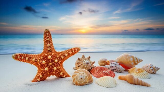 Starfish and assorted seashells on a white sand beach at sunset by the ocean.