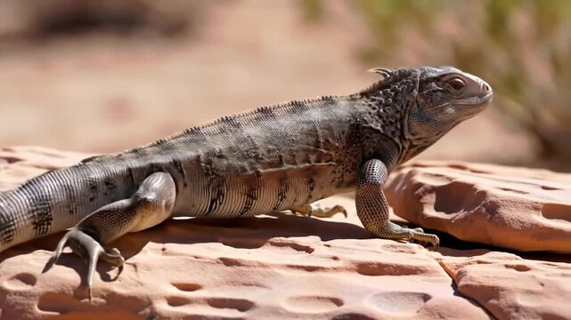 Desert lizard on rock reptile in natural habitat under bright sunlight