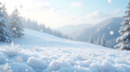 Calm winter landscape snowfall design with heavy snow effect, shimmering crystal flecks, flat snowflake icons, white transparent background, seasonal elegance