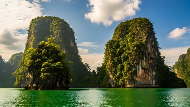 Two limestone karst islands in a serene emerald green lake