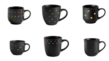 Six Black Matte Ceramic Coffee Cups PNG Set with Colorful Heart Patterns, Ultra Realistic 4K High-Quality Isolated Minimal Mugs on White Background for Product Mockups, Branding, Commercial Stock
