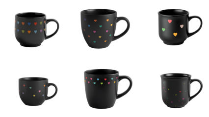 Six Black Matte Ceramic Coffee Cups PNG Set with Colorful Heart Patterns, Ultra Realistic 4K High-Quality Isolated Minimal Mugs on White Background for Product Mockups, Branding, Commercial Stock