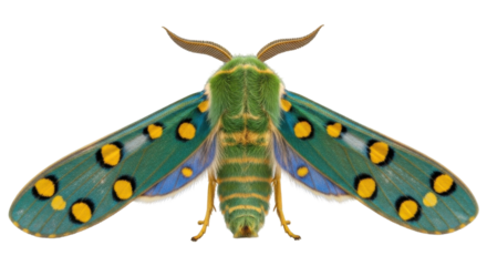A vibrant green moth with yellow spots and blue accents on its wings, viewed from above.