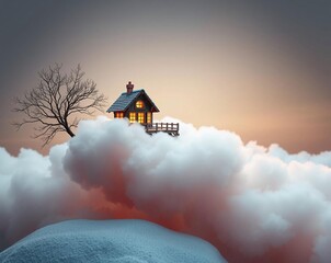 A Dreamy Cottage Floating Amongst Ethereal Clouds