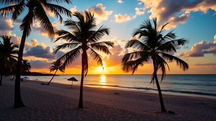 Tropical Sunset Beach with Palm Trees and Golden Light