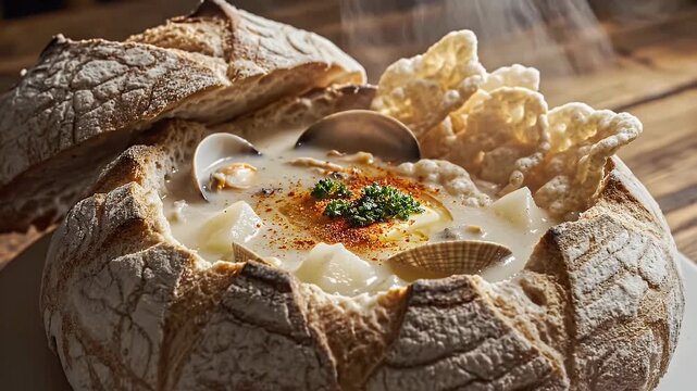 Creamy clam chowder served in a hollowed bread bowl