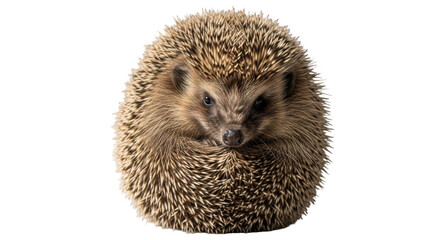 Obraz premium A small European hedgehog curled into a defensive ball, isolated on a clean white background, showcasing its spiky fur and dark eyes.