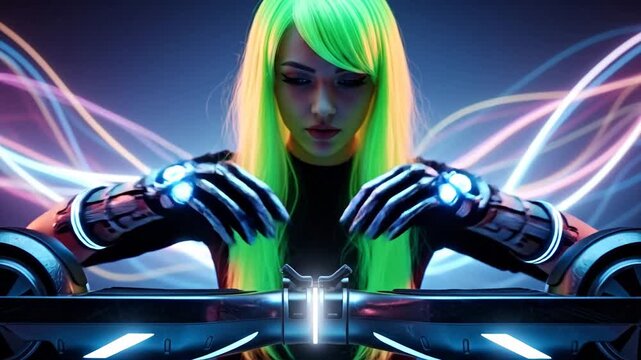 Futuristic Woman with Neon Green Hair and Cybernetic Arms Interacting with a Glowing Hoverboard in a High-Tech Environment.