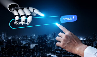 A striking visual depicting the interaction between a human hand and a robotic hand, showcasing...