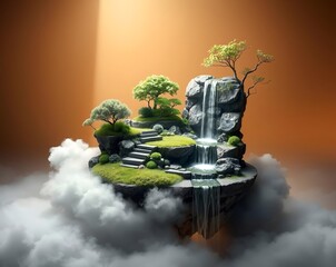 Serene Floating Island Waterfall Paradise Dreamscape