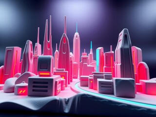 Neon Futuristic Cityscape Miniature Model, Vibrant Pink and Blue