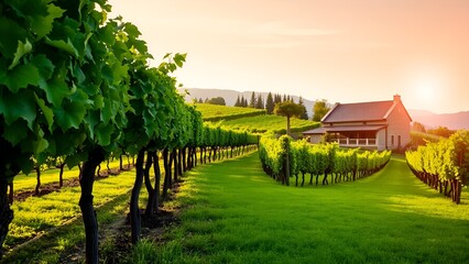 Tuscan Vineyard at Sunset: Rolling Hills and Stone House