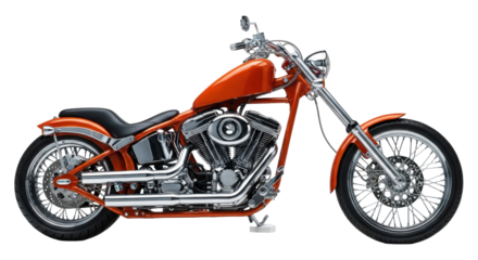 Orange chopper motorcycle with chrome engine and exhaust pipes on a white background.