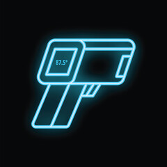 Glowing neon line digital infrared thermometer showing normal temperature icon isolated on black background
