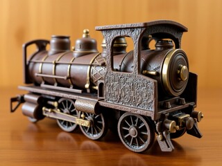 Antique Chocolate Steam Train Model on Wooden Surface