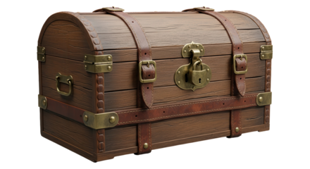 A vintage wooden treasure chest with brass hardware and a padlock, isolated on white.
