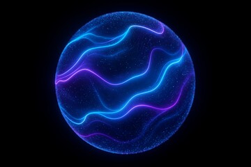 Glowing Quantum Energy Sphere with Neon Blue and Purple Particle Mesh in Dark Space