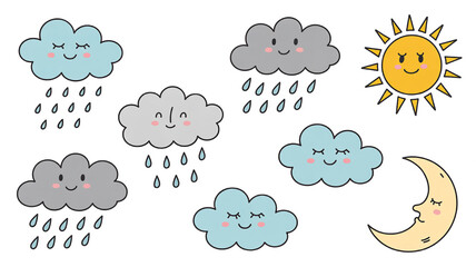 Cute weather icons set featuring smiling sun moon and rain clouds perfect for childrens apps and educational materials