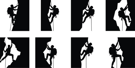 Rock climbing silhouette set with rope harness backpack poses, vertical ascent activity, vector © Monira