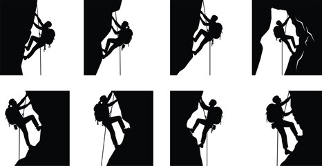 Rock climbing silhouette set with rope backpack cave poses, vertical motion activity, vector © Monira