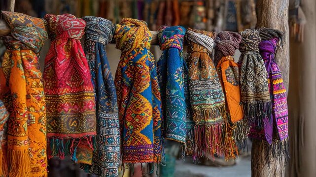 Row of Colorful Embroidered Scarves on Rustic Wooden Rack with Vibrant Patterns in Orange Red Blue and Purple Tones and Detailed Tassels in Traditional Market Setting