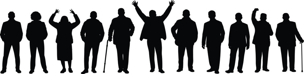 People silhouettes expressing emotions together, diverse characters gestures celebration protest unity concept