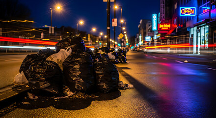 Atmospheric night photography captures urban street scene with piled garbage bags and blurred city traffic light trails