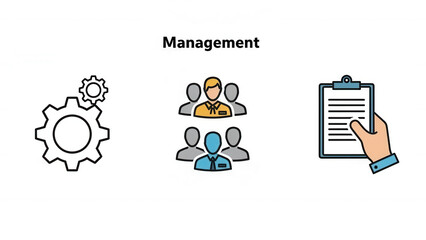 illustration depicting management concepts with gear teamwork and documentation icons