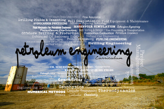 Petroleum Engineering curriculum word cloud, featuring a workover operation in the background and text highlighting various subjects covered in the field