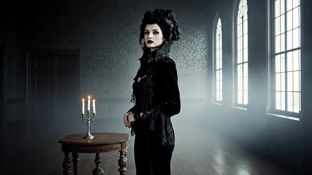 Gothic Woman in Black Gown Standing in a Dark, Eerie Hallway with Candles.