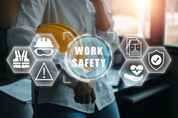 Illustration of work safety with protective gear and safety icons, emphasizing industrial safety measures and precautions.