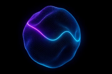 Glowing Quantum Energy Sphere with Neon Blue and Purple Particle Mesh in Dark Space