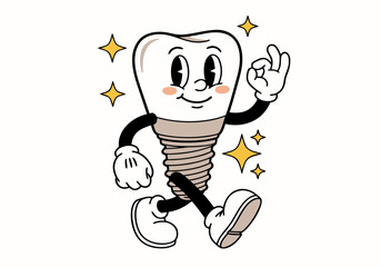 A cheerful cartoon dental implant character walking and making an OK sign, surrounded by sparkles, in a retro animation style.