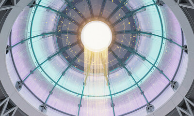 Naklejka premium Virtual Dome of Market Harmony - Transparent dome infused with pastel lavender and teal, holographic data streams orbit like glowing
