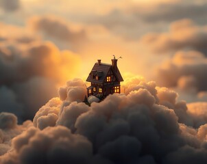 A Dreamy Cottage Floating Amongst Golden Clouds