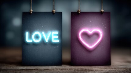 Valentine’s Day neon glow posters. Neon tube hearts, "LOVE" in neon script, sparkle effects, dark night background. Party flyer, bar voucher, modern card