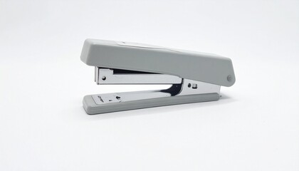 “Gray desktop stapler with sleek curved design and metallic staple exit placed on white surface”